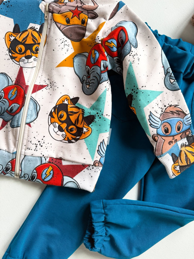 KOMPLET BOMBERKA SUPER BOHATEROWIE + SPODNIE PETROL MAM TEN LUZ