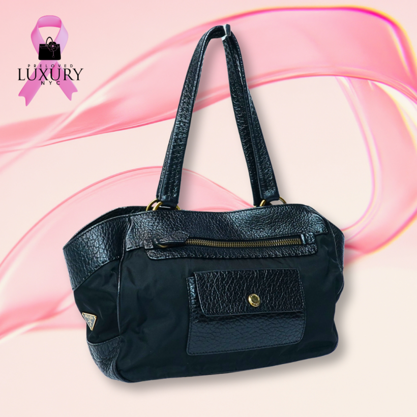PRADA VINTAGE NYLON/LEATHER SHOULDER BLACK BAG