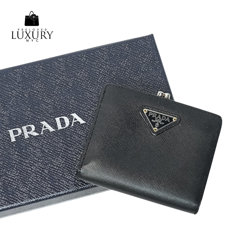 PRADA Saffiano Triangle Plate Bifold black Wallet