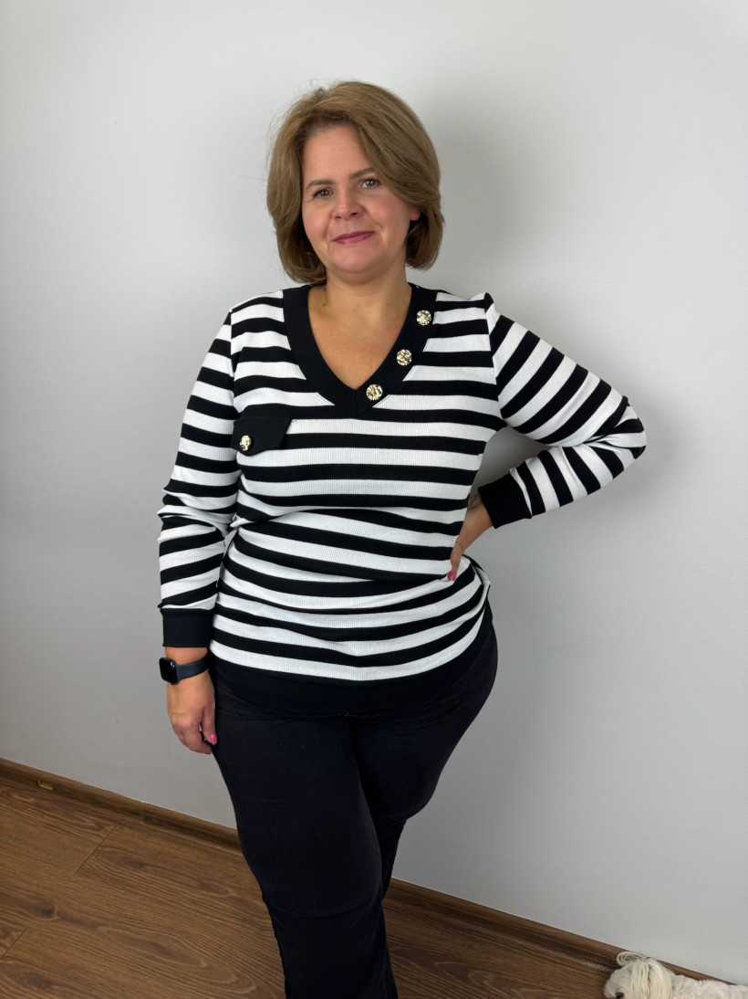Bluzka prążkowa w szpic, paski, złote guziki - myzem - 522 - czarna z białym