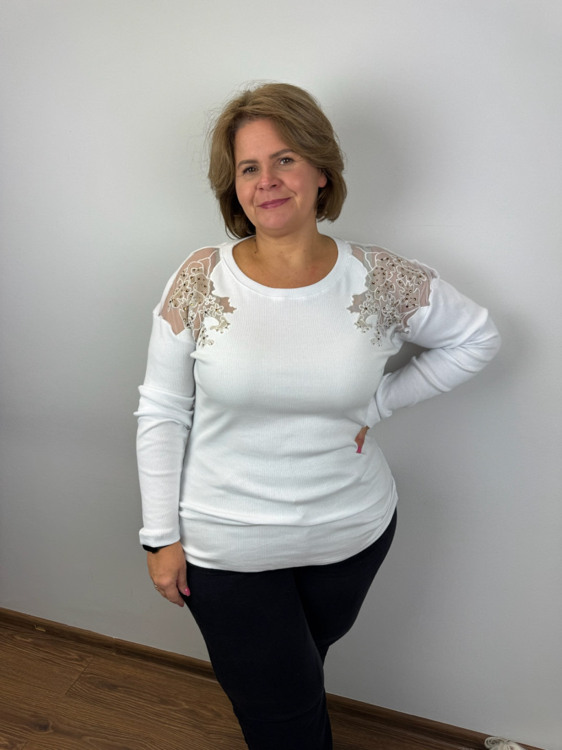 Bluzka prążkowa haftowane ramiona - myzem - 394- biała