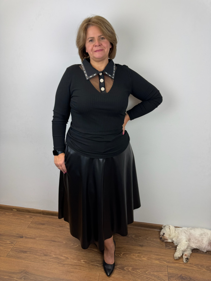 Bluzka szeroki prążek z kołnierzem, złote guziki - myzem - 350 - czarna