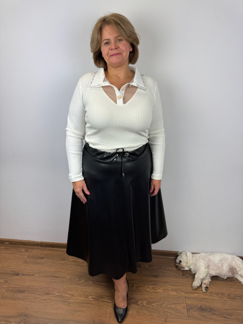 Bluzka szeroki prążek z kołnierzem, złote guziki - myzem - 350 - kremowa