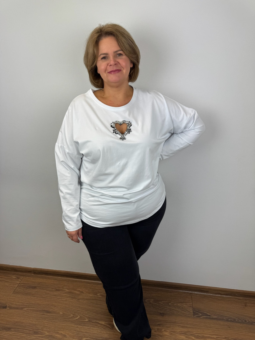 Bluzka bawełniana jednokolorowa, serce z cyrkoni na przodzie - womary - 3xl - 6972 - biała