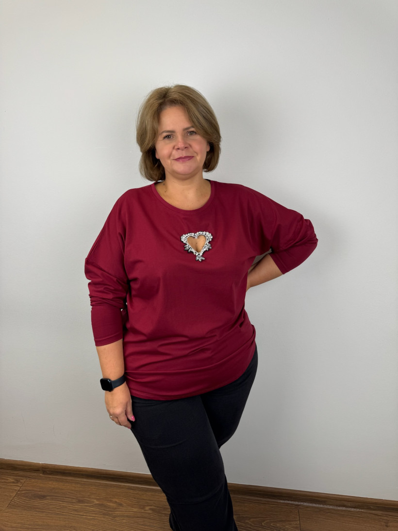 Bluzka bawełniana jednokolorowa, serce z cyrkoni na przodzie - womary - 3xl - 6972 - bordo