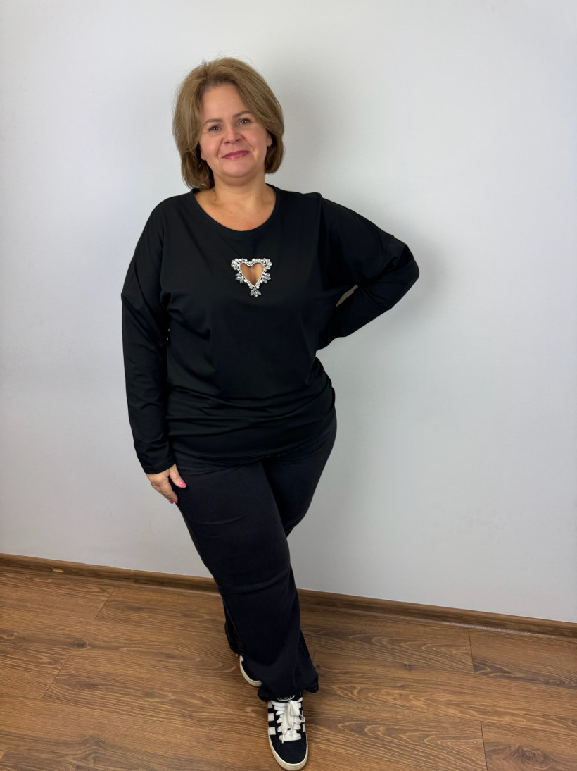 Bluzka bawełniana jednokolorowa, serce z cyrkoni na przodzie - womary - 3xl - 6972 - czarna