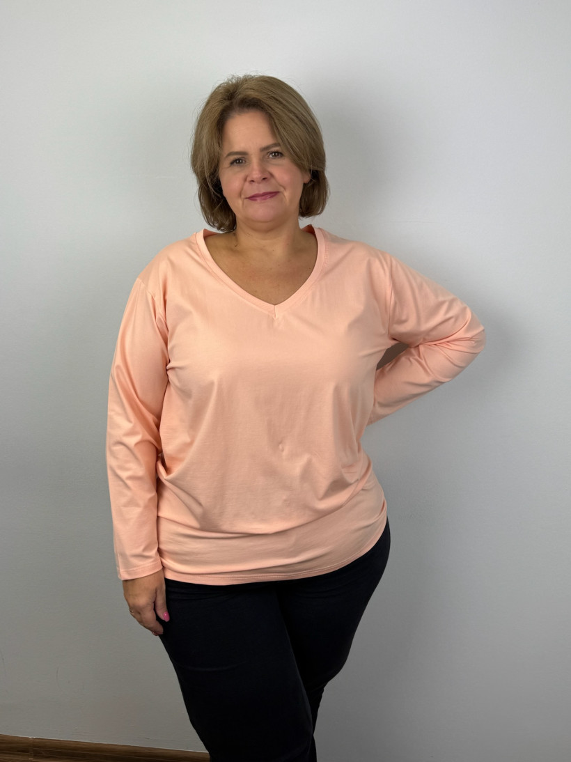 Bluzka bawełniana w serek, jednokolorowa - zentex - 6878 - łosoś