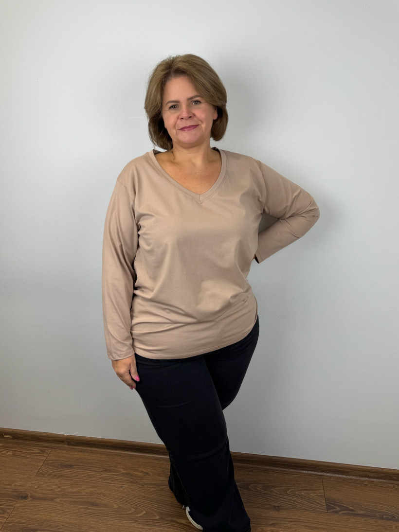 Bluzka bawełniana w serek, jednokolorowa - zentex - 6878 - fango/beż