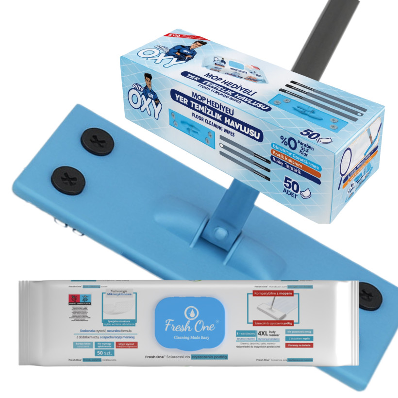 Mr. OXY Mop płaski 360° + 50 chusteczek do podłóg – gotowy zestaw sprzątający