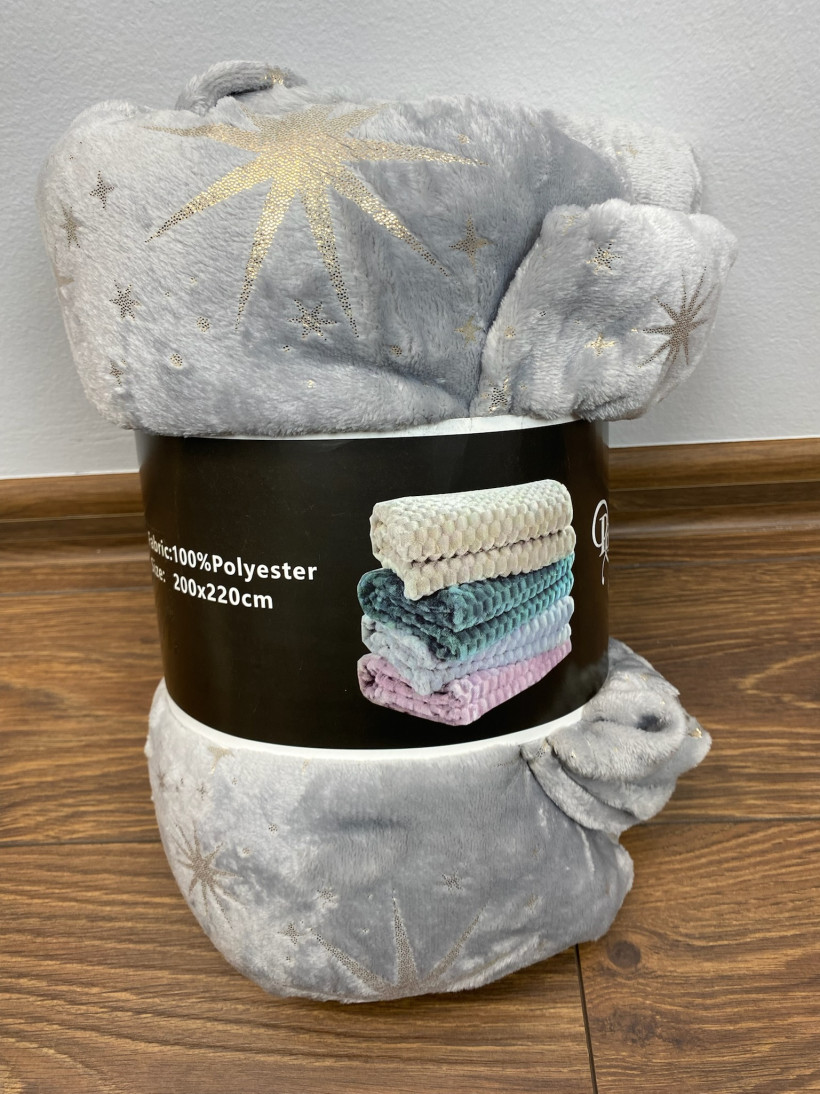 Koc jednokolorowy ze złotymi gwiazdkami - 200/220 - 13110 - popiel