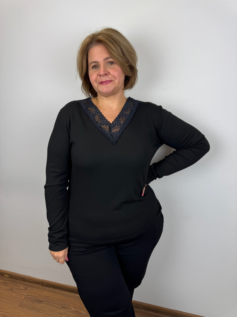 Bluzka prążkowa w szpic z koronki - gedi - rozm.xl/2xl - 005 - czarna