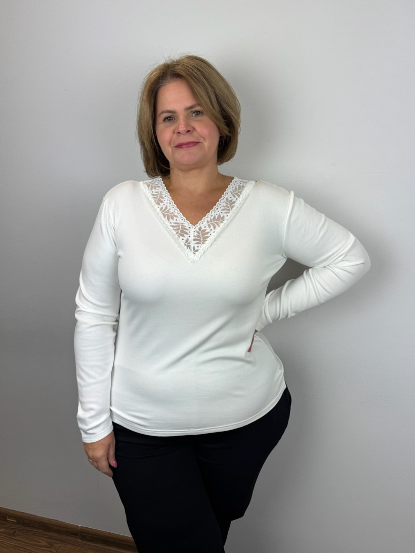 Bluzka prążkowa w szpic z koronki - gedi - rozm.xl/2xl - 005 - biała