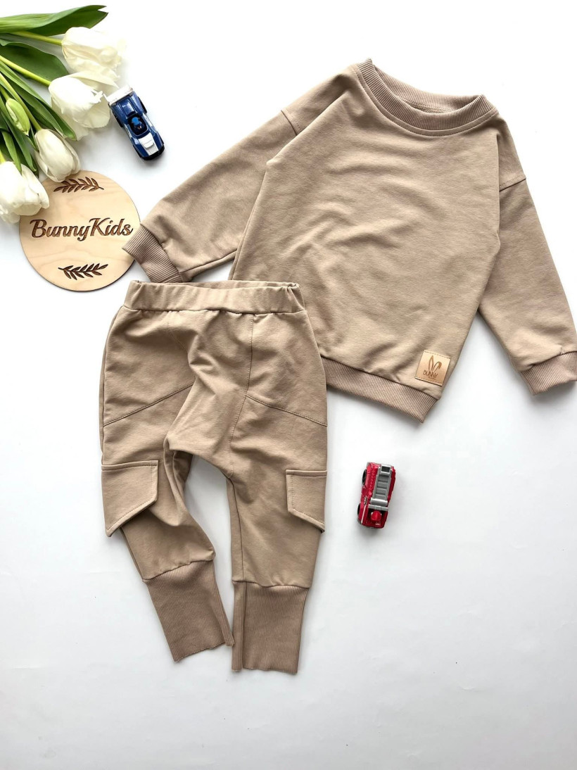 KOMPLET DRES  BEŻOWY BLUZA + SPODNIE BAGGY BUNNY KIDS