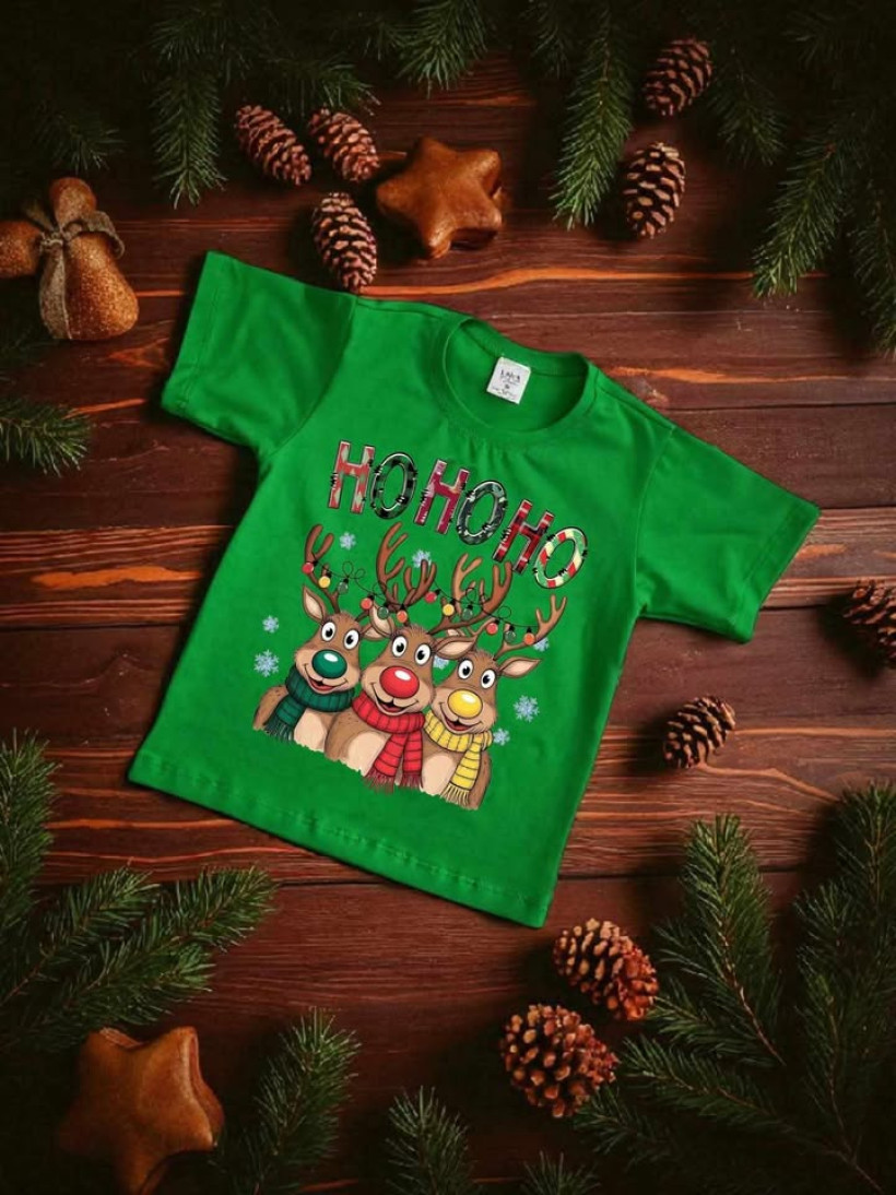 Zielona Koszulka Świąteczna Emiś z Reniferami HOHOHO dla Dziecka