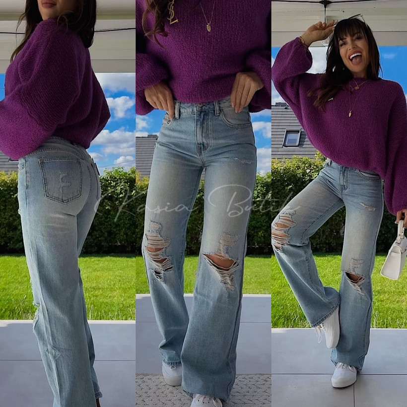Spodnie Jeansowe Straight Miss Two z Dziurami Jasnoniebieskie