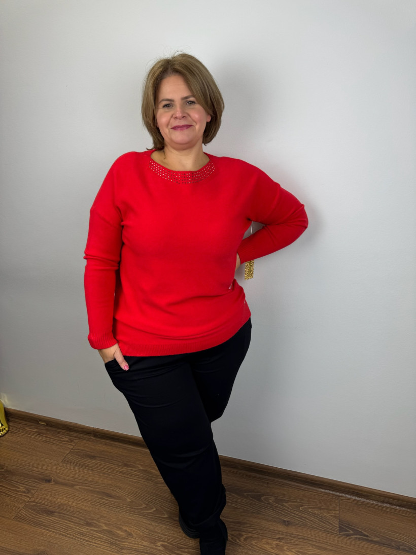 Sweter jednokolorowy cyrkonie przy dekoldzie - les - ( l/xl, 2xl/3xl) - 7370 - czerwony