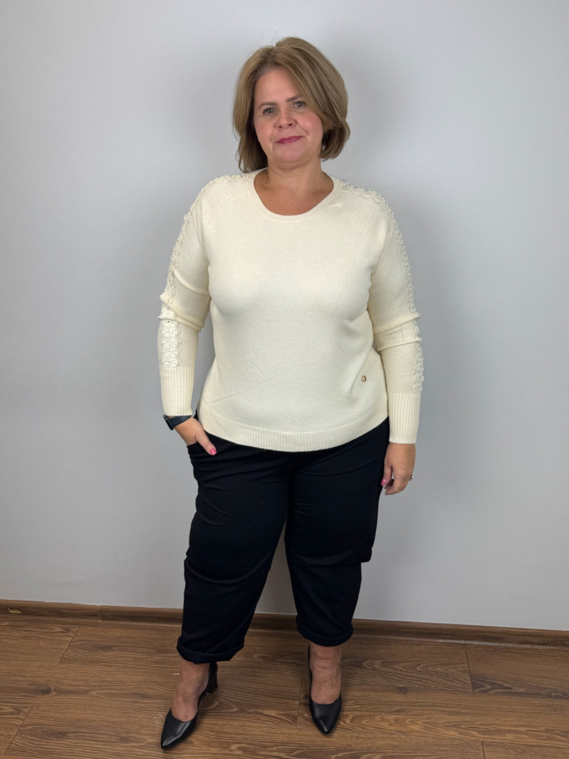 Sweter jednokolorowy lampas z gipiury - pm - ( l/xl, 2xl/3xl ) - 510 - beż jasny