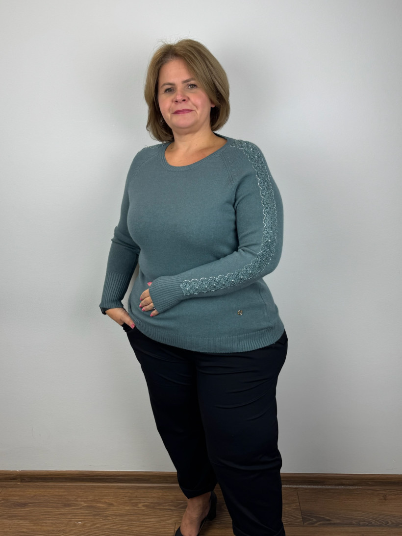 Sweter jednokolorowy lampas z gipiury - pm - ( l/xl, 2xl/3xl ) - 510 - szałwia