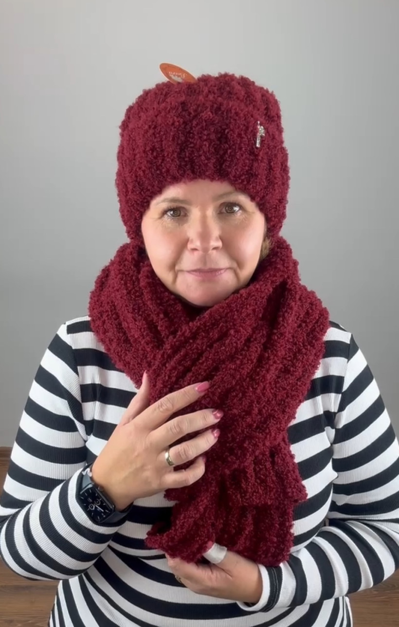 Komplet jednokolorowy : czapka + szal  ; 13114 - bordo