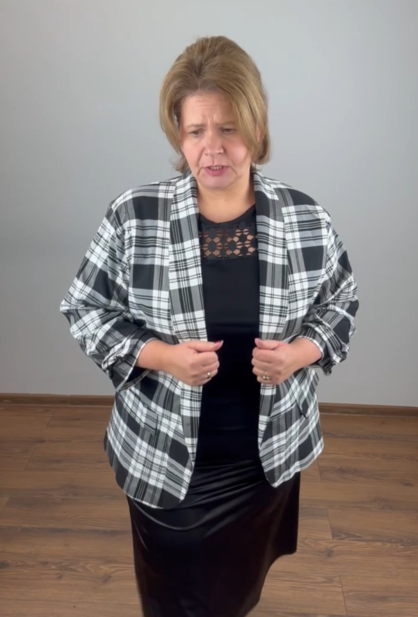 Żakiet na podszewce bez zapinania, krata - 22977 - biało czarny