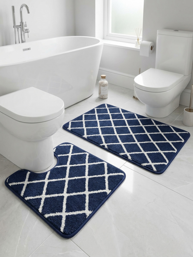 Komplet dywaników granat w romby z wycięciem 100x60x50x60cm