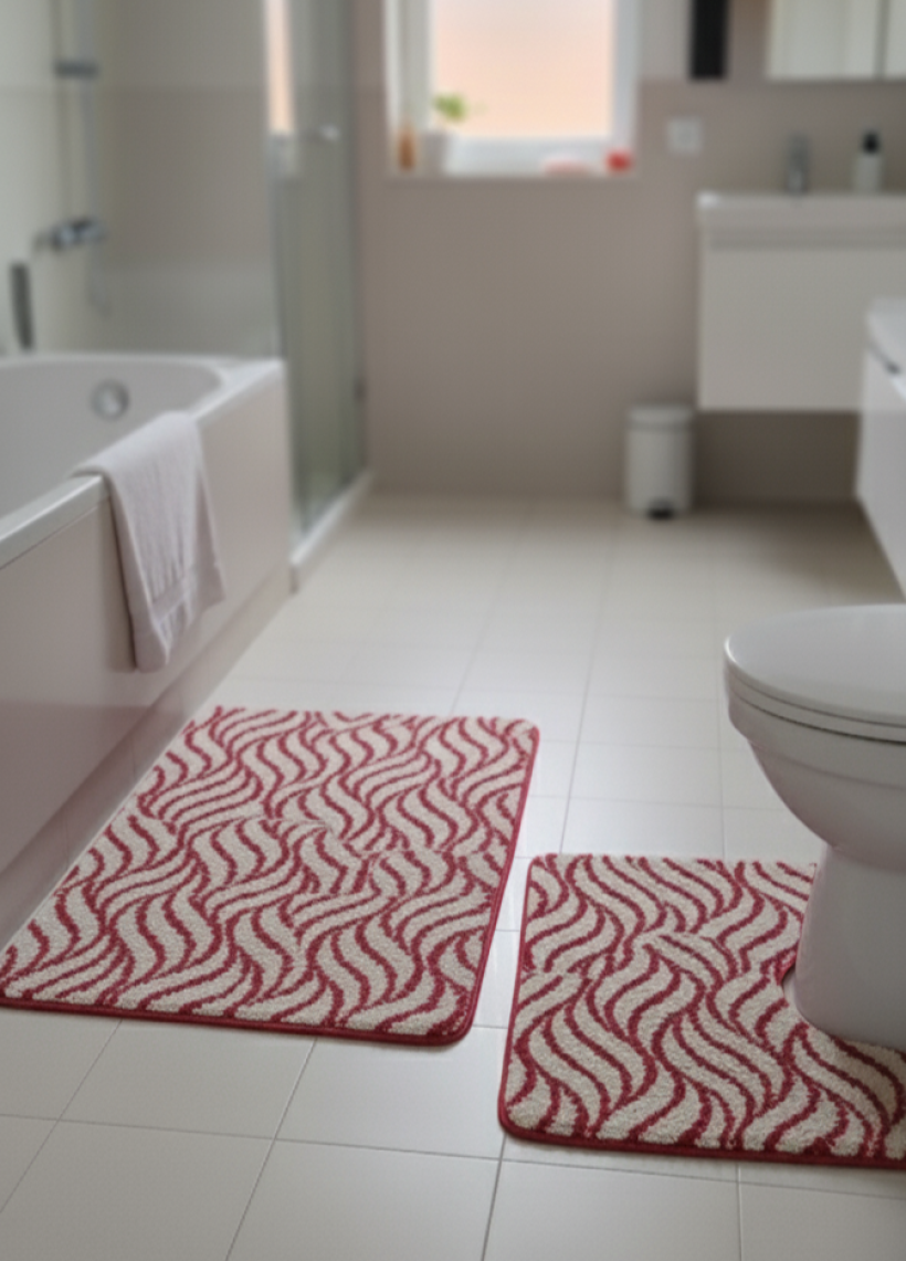 Komplet dywaników fale czerwony beż z wycięciem 100x60cm i 50x60cm