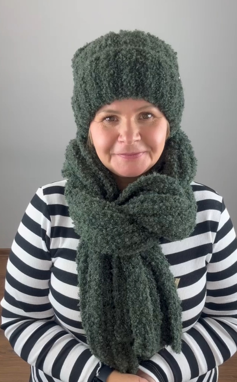 Komplet jednokolorowy : czapka + szal  ; 13114 - butelkowa zieleń