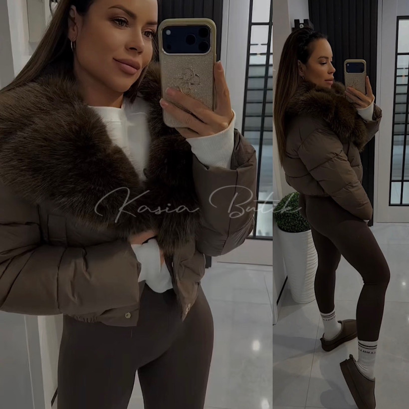 Kurtka Puchowa Softy Paris z Kołnierzem Czekoladowa