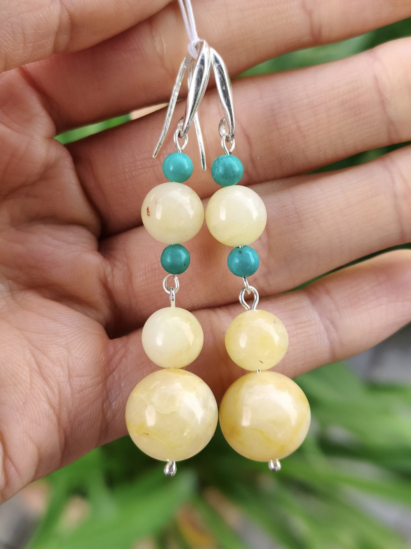 Kolczyki z bursztynem bałtyckim i amazonitem – srebro 925