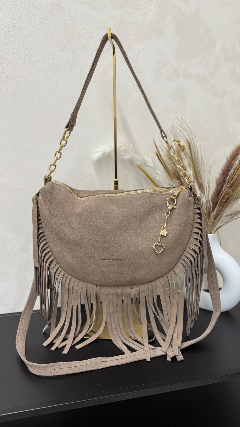 TOREBKA NERKA ZAMSZ NATURALNY Z FRĘDZLAMI TAUPE LAURA BIAGGI