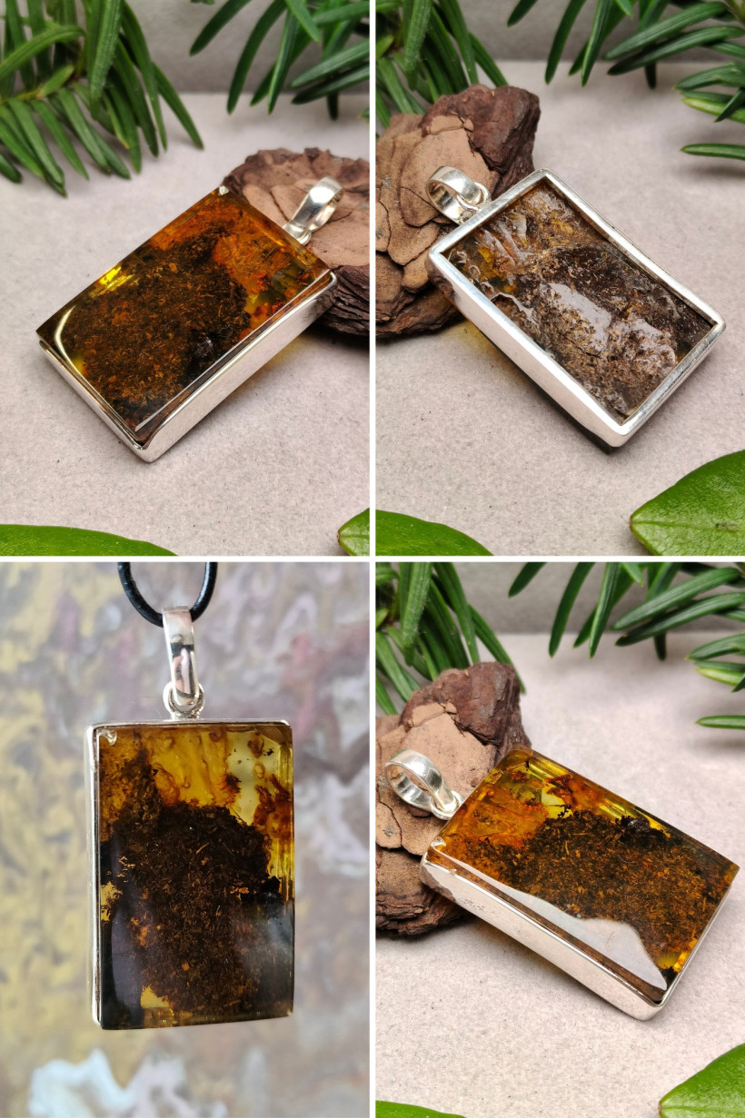 Prostokątny wisiorek z naturalnym bursztynem bałtyckim w oprawie ze srebra 925 – unikatowa biżuteria handmade, prezent dla niej