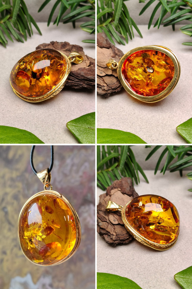 Luksusowy złoty wisiorek z naturalnym bursztynem bałtyckim – ręcznie robiona biżuteria