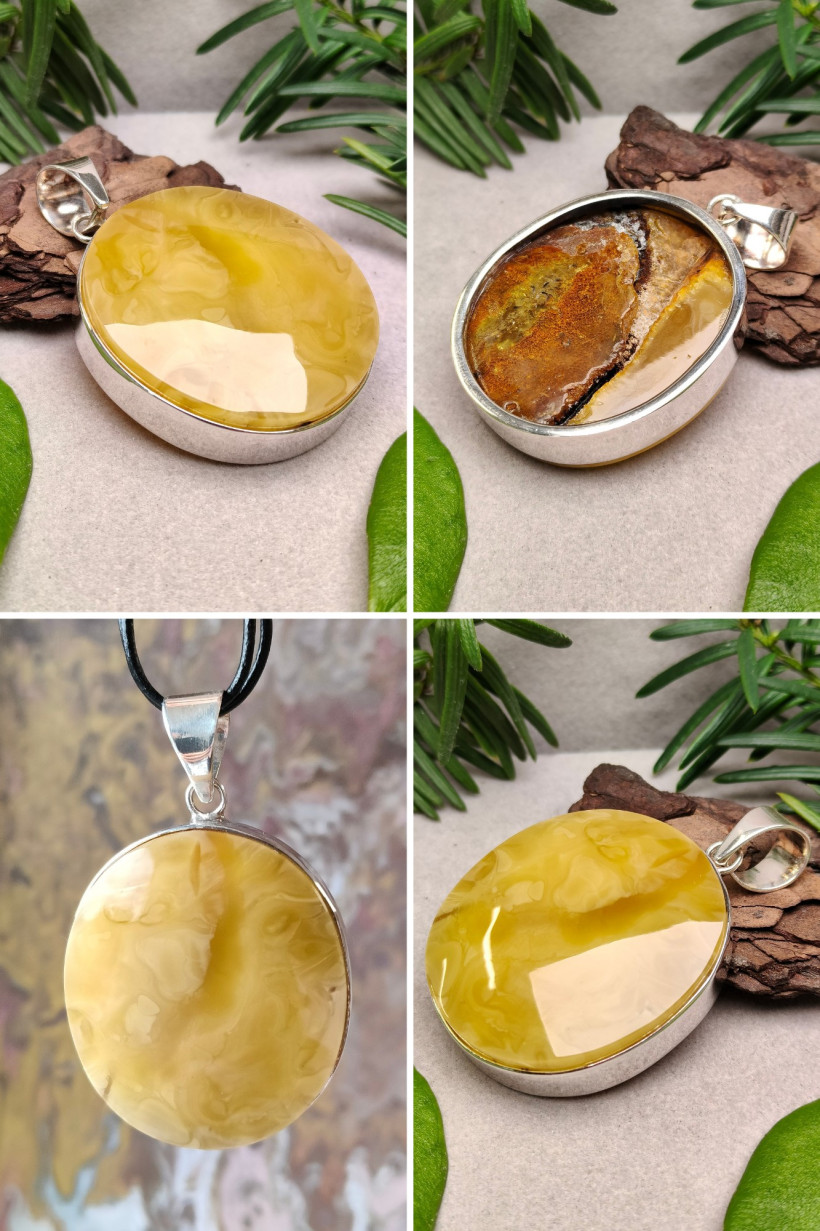 Owalny wisiorek z naturalnego bursztynu bałtyckiego w srebrze – ręcznie robiona biżuteria, unikatowy prezent