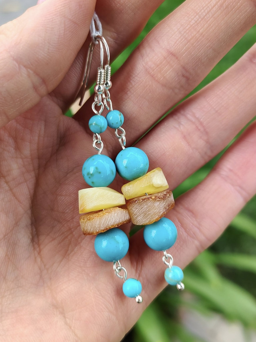 Kolczyki z bursztynu i turkusu | Biżuteria handmade | Naturalny bursztyn bałtycki i turkus | Prezent dla niej | Kolory ziemi | Boho etno