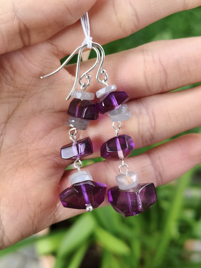 Kolczyki z naturalnym bursztynem baltickim i kamieniami szlachetnymi, ręcznie robione, unikatowa biżuteria, srebro, prezent dla niej