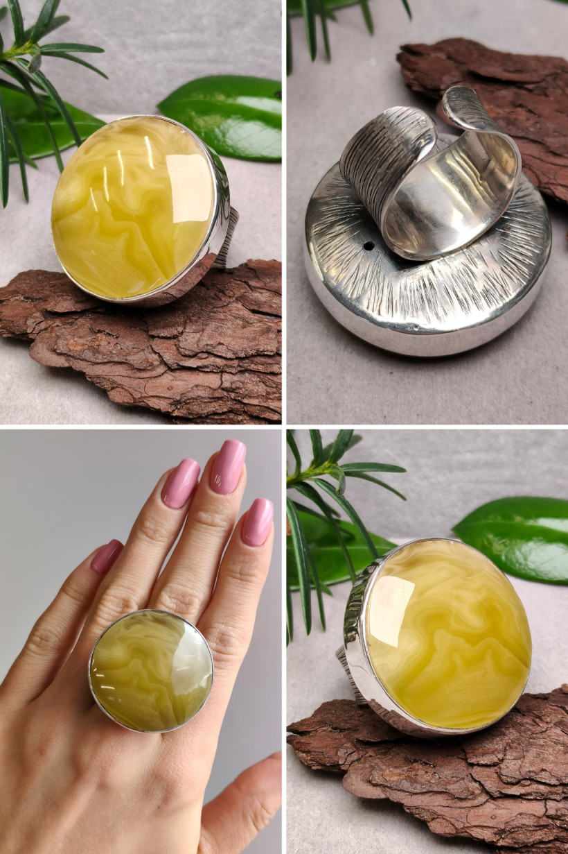 Pierścionek z naturalnym żółtym bursztynem bałtyckim, srebro 925 – unikatowa biżuteria artystyczna na prezent