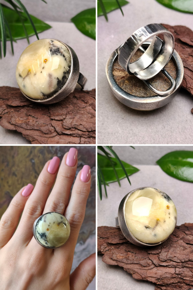 Pierścionek srebrny z naturalnym bursztynem bałtyckim – ręcznie robiona biżuteria z unikatowym kaboszonem