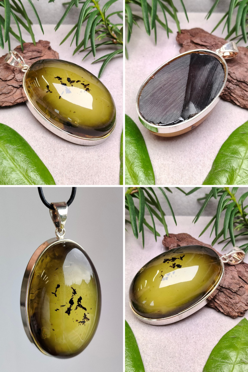 Unikalny wisior z bursztynu bałtyckiego w srebrze – zielony bursztyn z inkluzjami