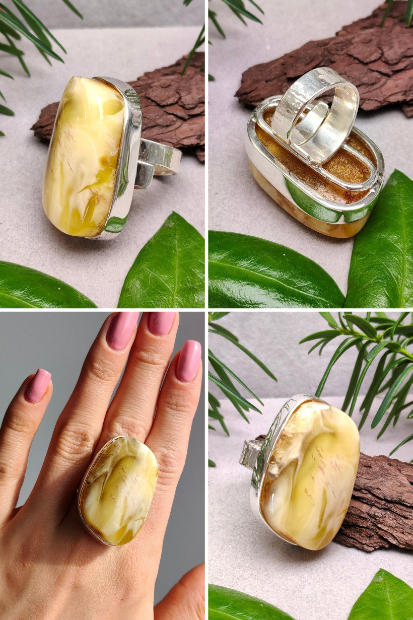 Duży srebrny pierścionek z bałtyckim bursztynem naturalnym – unikatowa biżuteria z mleczno-żółtym kamieniem