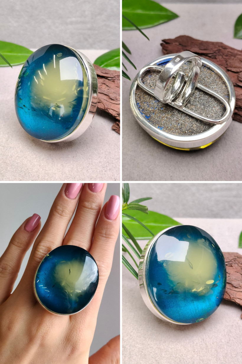 Pierścionek z bursztynem bałtyckim – unikatowa biżuteria artystyczna, srebro, rękodzieło, odcień morski