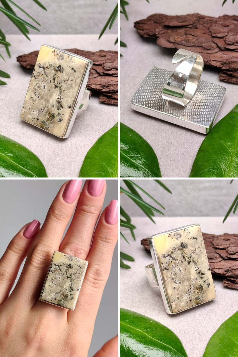 Unikatowy pierścionek srebrny z naturalnym bursztynem bałtyckim – prostokątny, regulowany, ręcznie robiony