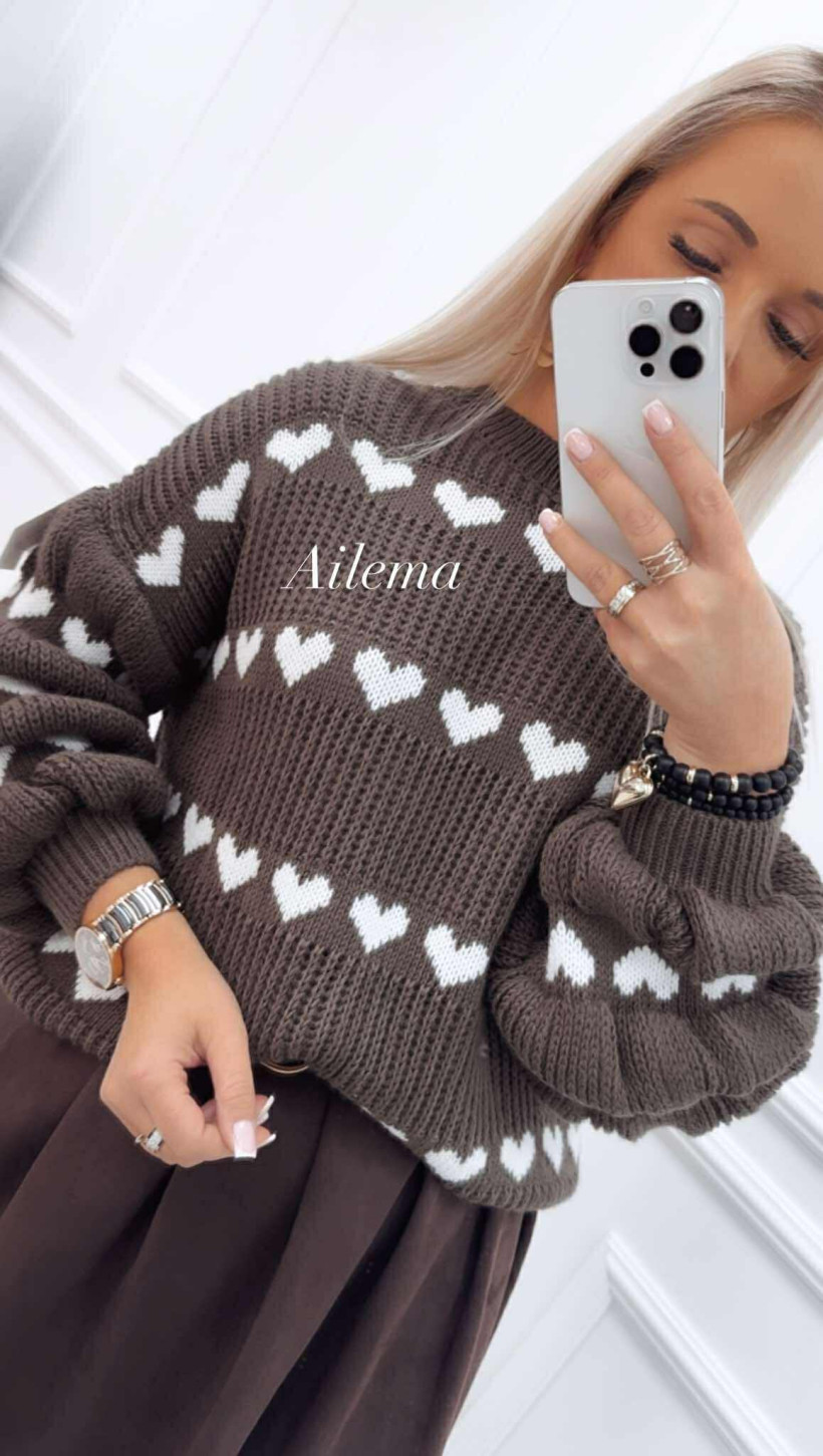 Sweter ażurkowy kk1047 ozdobne serduszka