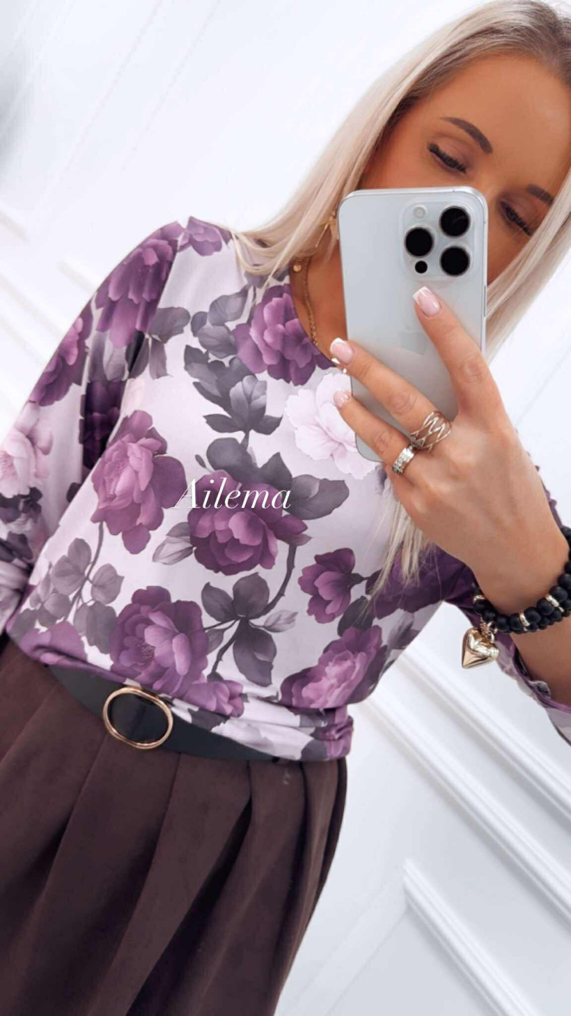 Bluzka z długim rękawem kk1048 fioletowa w kwiaty