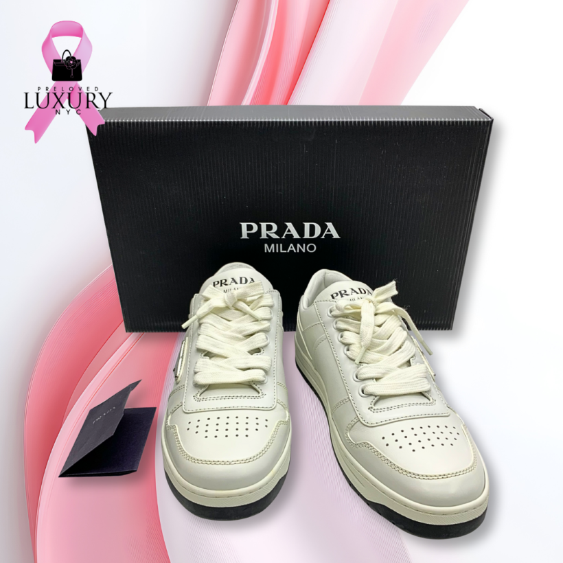  PRADA White Sneakers 1E792M Re-Nylon and Leather Sneakers Triangle Plate