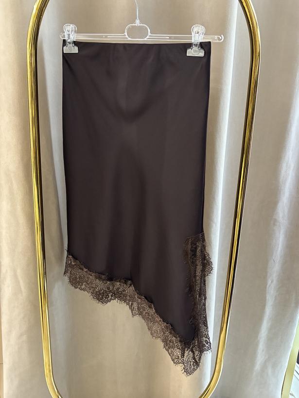 MIH SPÓDNICA SATYNA ŚCIĘTA KORONKA CZEKOLADA