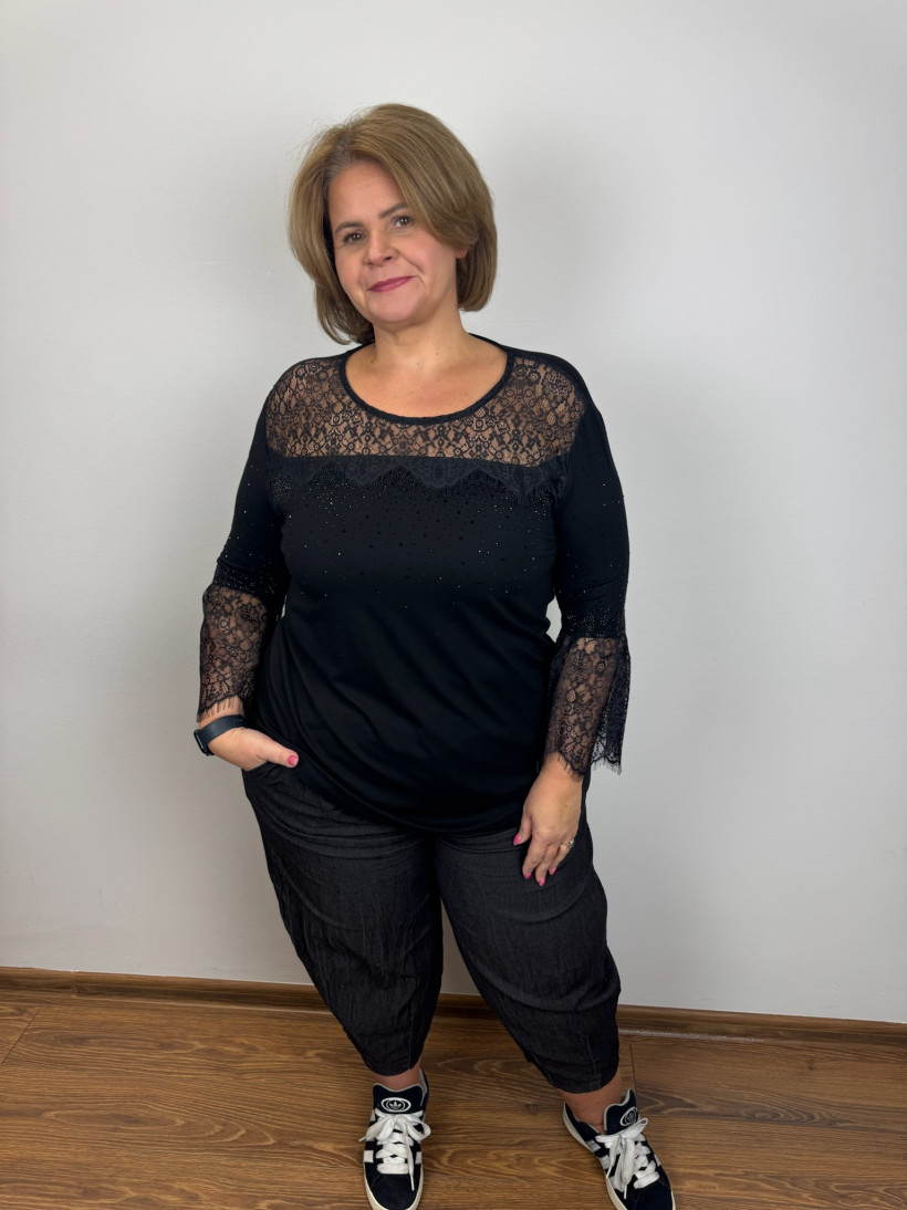 Bluzka koronkowy dekold i rękawy - oc - 26491 - czarna