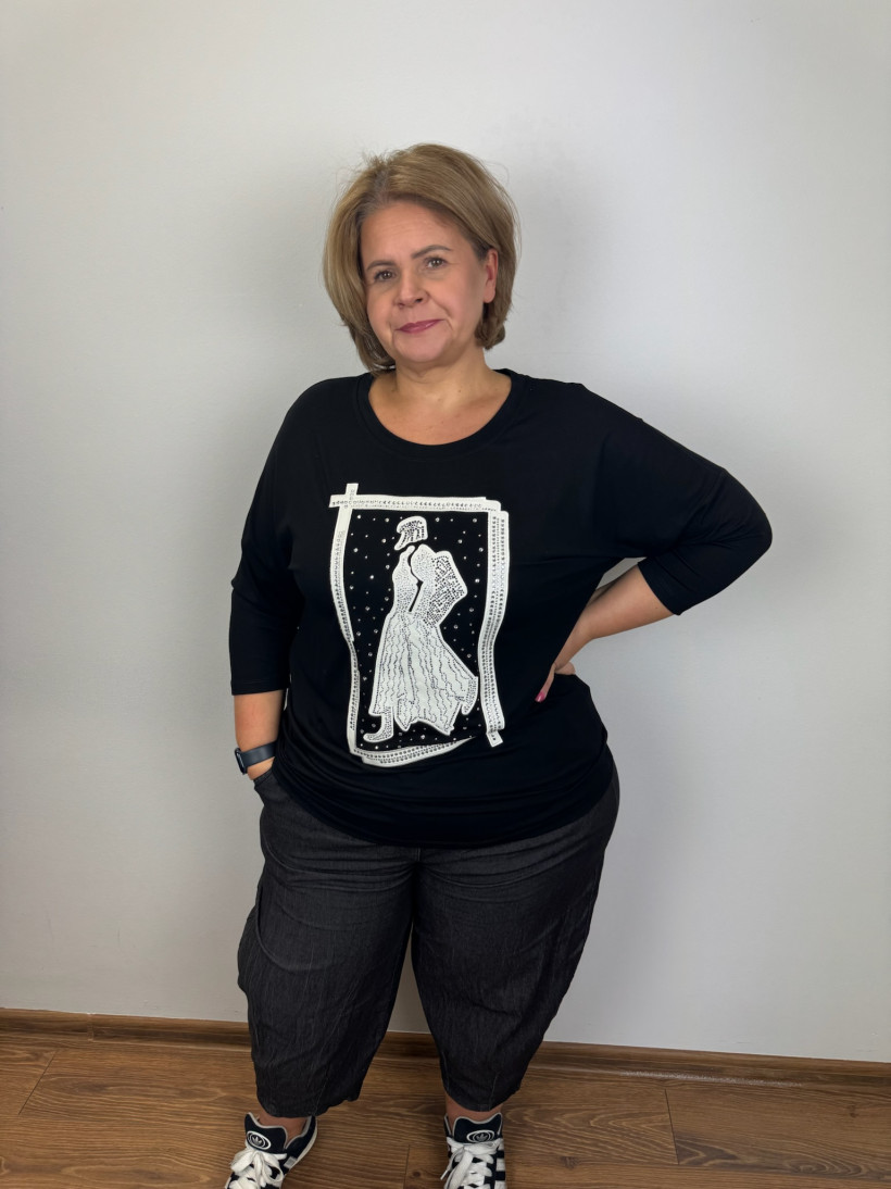 Bluzka jednokolorowa, postać kobiety z cyrkoni - oc - 26477 - czarna