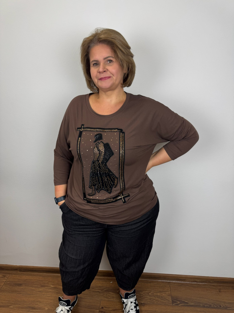 Bluzka jednokolorowa, postać kobiety z cyrkoni - oc - 26477 - czekolada