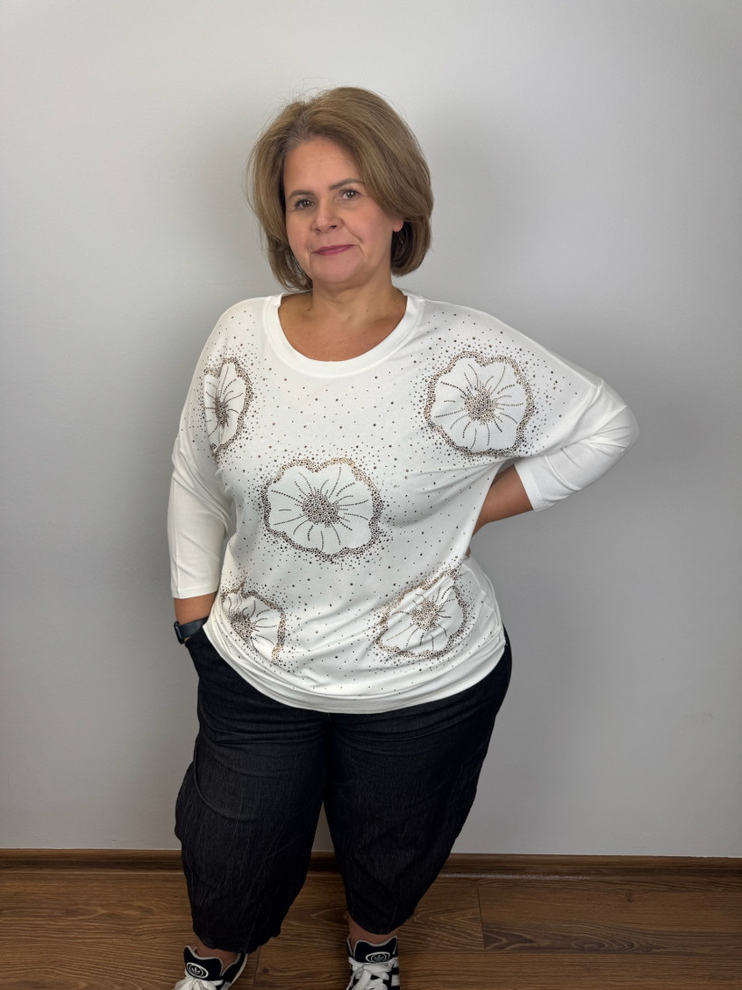 Bluzka jednokolorowa, cyrkoniowe złote kwiaty - oc - 26459 - biała