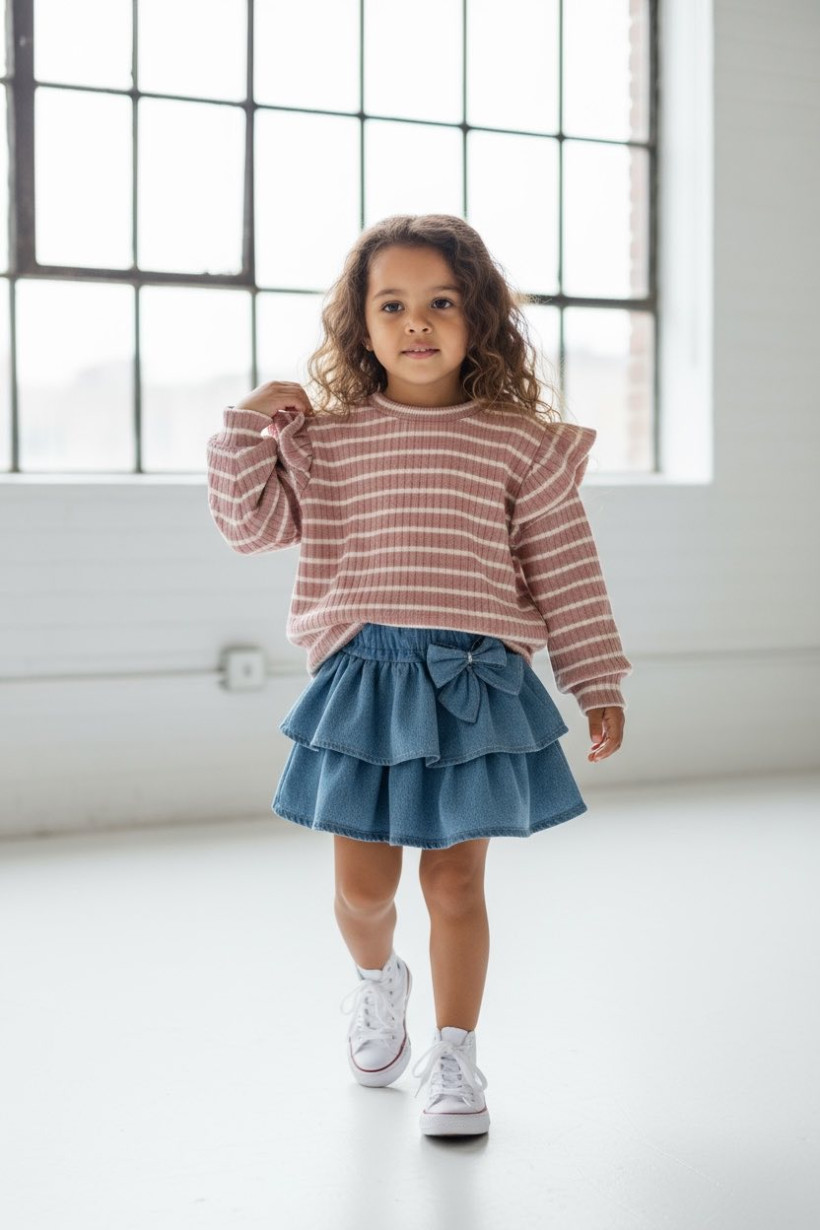 Sweterek Zula różowe paski dla dziewczynki z falbankami Basic